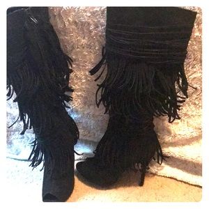 *NEW* Black fringe heel boots peep toe Sz.10